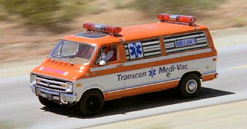 Cannonball Run 1979 Ford Econoline Ambulance  J.J. McClure (Burt Reynolds) and Victor Prinzim (Dom DeLuise) and his superhero "Captain Chaos drive a Dodge Tradesman ambulance.