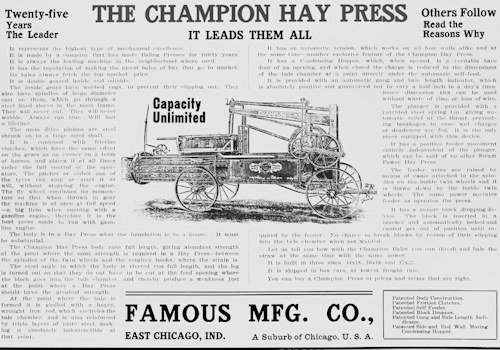 The Famous Manufacturing Company in East Chicago (Indiana) was an early American manufacturer of agricultural machinery, tractors trucks, and High Wheeler cars. 