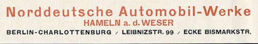 Norddeutsche Automobilwerke Vehicle manufacturer Hamelin Germany from 1907 to 1929 Norddeutsche Automobilwerke Vehicle manufacturer Hamelin Germany from 1907 to 1929